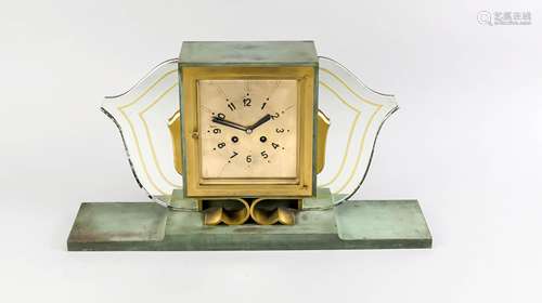 Heavy bronze Art Deco mantel clock with mirrors on both