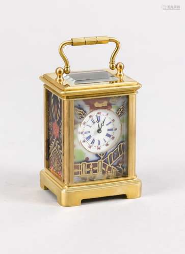 Small gilt brass miniature travel alarm clock with