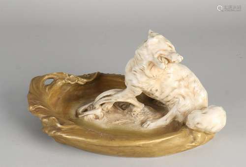 Antique Royal Dux porcelain dish with wolf. Circa 1915.