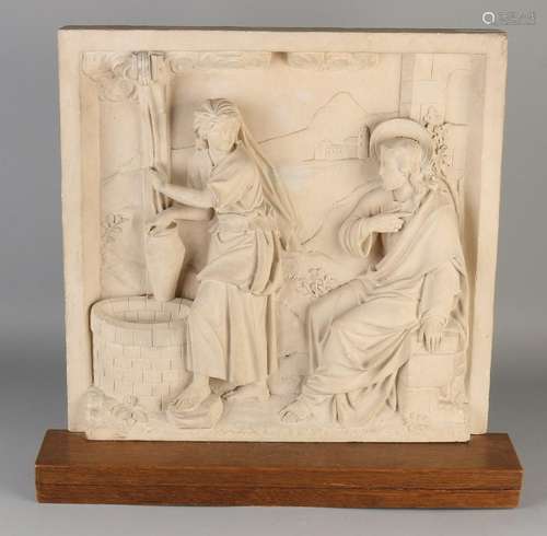 Antique religious relief terracotta tile. Jesus in