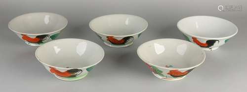 Five antique Chinese porcelain bowls with rooster decor