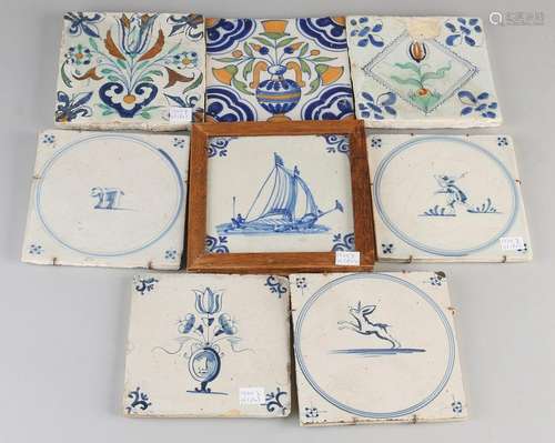 Eight antique Dutch tiles. Divers. 17th - 18th Century.