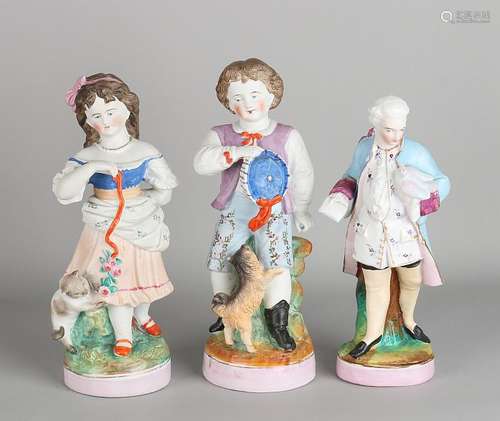 Three bisquit porcelain figures. One chip at foot. 20th