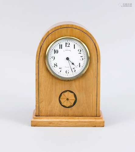 Antique walnut table clock with wood inlays.