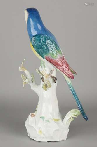 Large antique Meissen porcelain parrot. Branches and