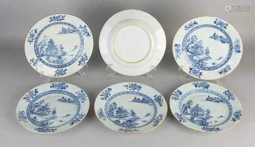 Six 18th century Chinese porcelain plates with pagodas