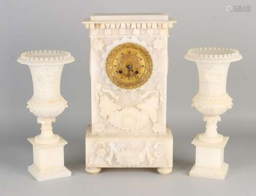 Three-piece Empire alabaster clocks couple. Eight