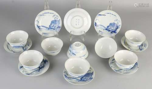 Eight Chinese eggshell porcelain cups and saucers. Six