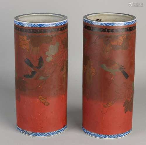 Two rare Chinese porcelain cylinder vases with brown