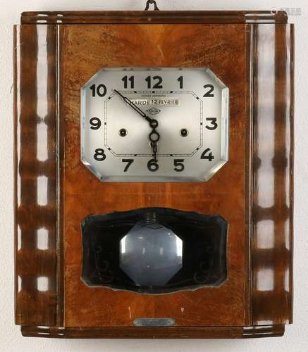 French Art Deco walnut wall clock with day, date and