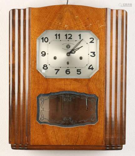 French Art Deco walnut wall clock with