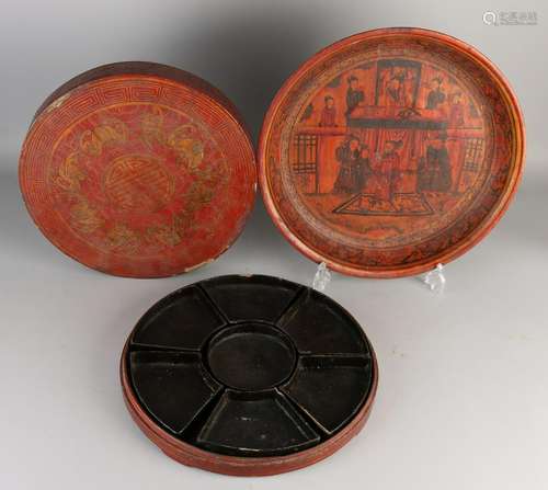 Two parts of antique Chinese red lacquer. Comprising: