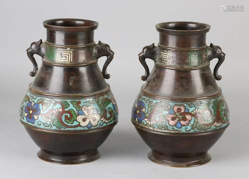 Two antique Japanese bronze vases with floral