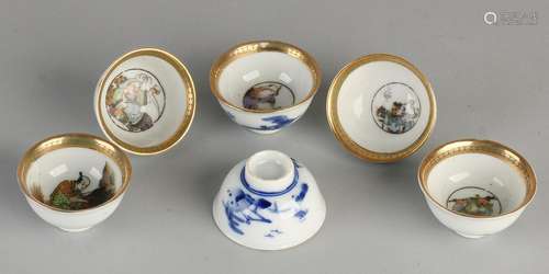 Six Chinese porcelain cups rice wine landscape with