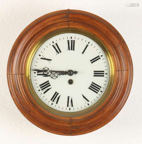 German antique walnut school clock with brass dial rim.