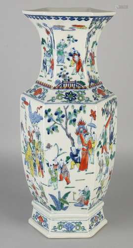 Large Chinese six-sided porcelain vase with figures