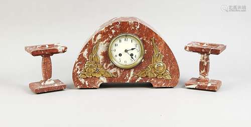 Antique French red marble Art Deco clocks couple with