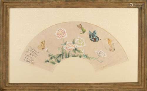 Antique hand-painted Chinese fan with lotus and