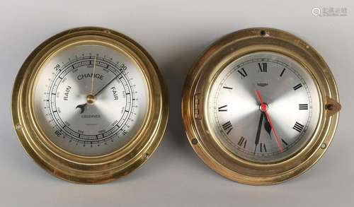 Old brass ship's clock and barometer. Talamex. Battery