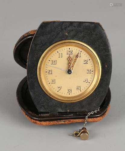 Saddlebag old clock with leather sheath. Circa 1930.