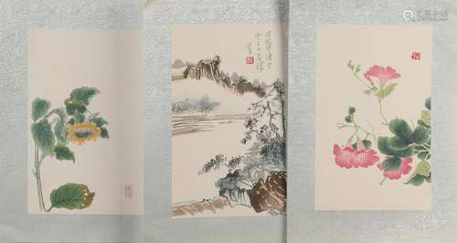 Three Japanese woodcuts. Signed. + Floral landscape.