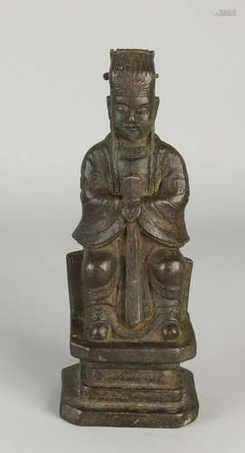 Chinese bronze Buddha on throne. No marks. Size: H 22