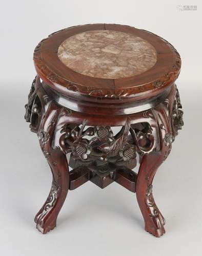 Wood Carved Chinese stool with marble top. 20th