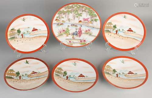 Six antique Japanese Kutani porcelain plates. Branded