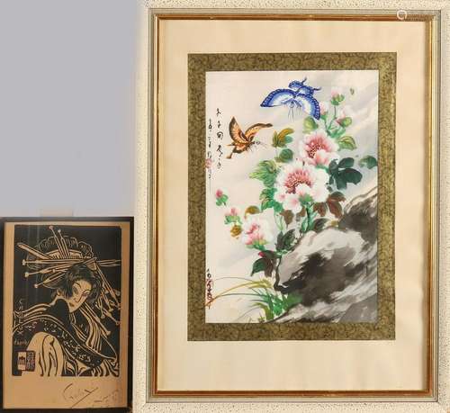 Two Chinese works. One time flowers with butterflies on