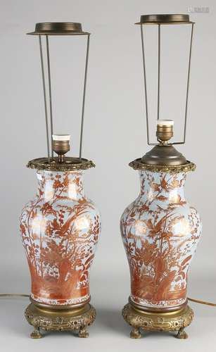 Two antique Japanese Satsuma porcelain table lamps with