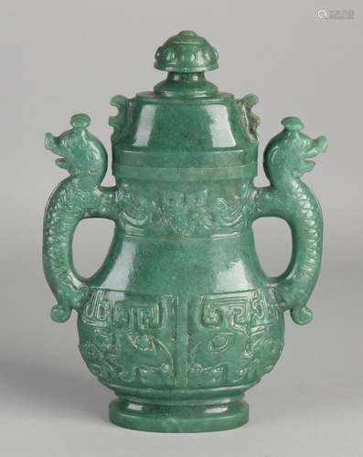 Chinese green jade-carved vase with dragons. Size: 21 x