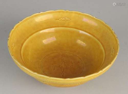 Chinese porcelain bowl glazed ocher crane / clouds