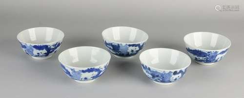 Five Chinese porcelain bowls with figures in landscapes