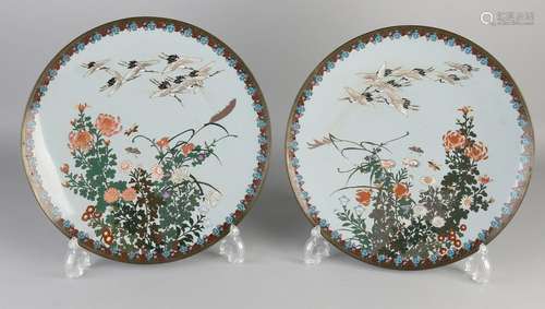 Two antique Japanese cloisonne signs with crane decor.