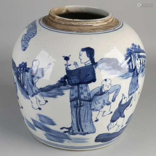 Large blue and white ginger jar around with figures in