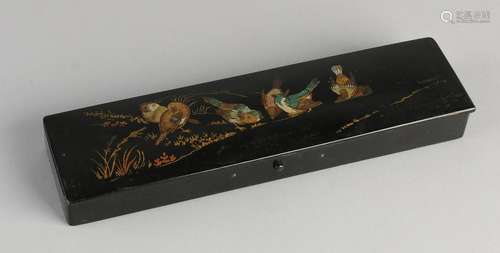 Antique Japanese lacquer pencil box with sparrows