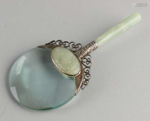 Chinese magnifier with white metal and jade. 20th