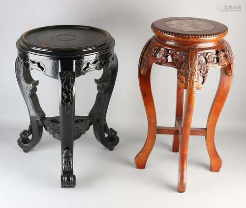 Two Chinese wood footstools stabbed, including one with