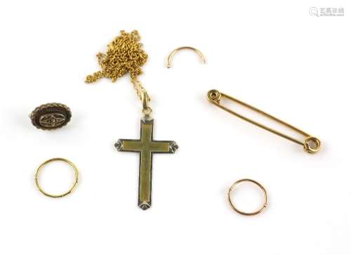 Mixed group of gold jewellery, French cross pendant and chain, in 18 ct, bar brooch, a pair of hoops