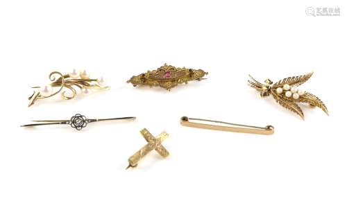 Six gold brooches, one early 20th C bar brooch set with Rose cut and old cut diamond, mount