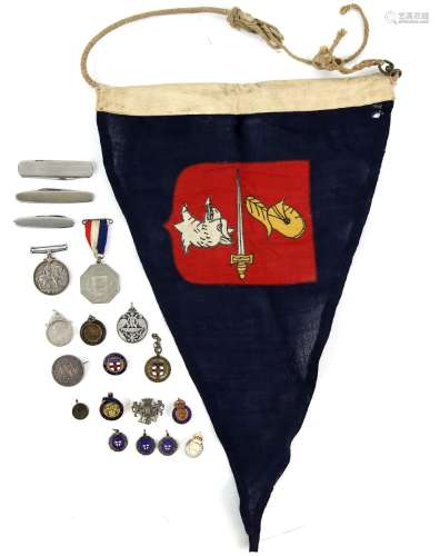 Group of badges, brooches and medals, WW1 Military medal to Sapper William James Tarrant, killed