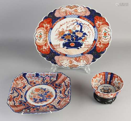 Three parts 19th century Imari porcelain with floral