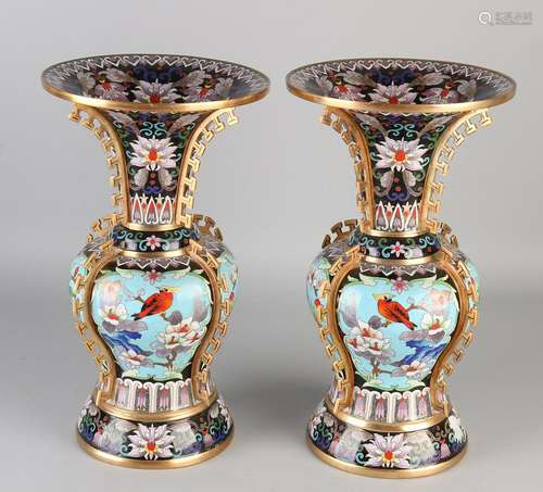 Two major Japanese cloisonne vases with floral / bird