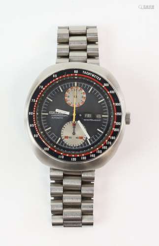 Seiko day date chronograph reference 6138-0011 'UFO' wristwatch, the signed dial with silvered baton