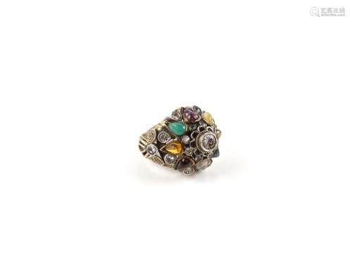 Gold dress ring, set with cabochon cut sapphire, ruby, moonstone, citrine and other gemstones, mount