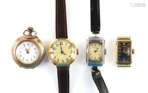 Three gold watches, one Lanco, black rectangular dial with Arabic numerals and minute track, in a 14