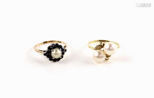 Vintage sapphire and pearl set dress ring size P1/2 and a double pearl ring with leaf motif, size Q,