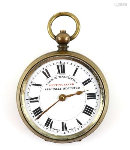 A Bentima Lever, Railway open face pocket watch, the white enamel dial marked Railway timekeeper,