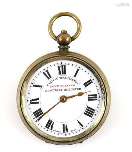 A Bentima Lever, Railway open face pocket watch, the white enamel dial marked Railway timekeeper,