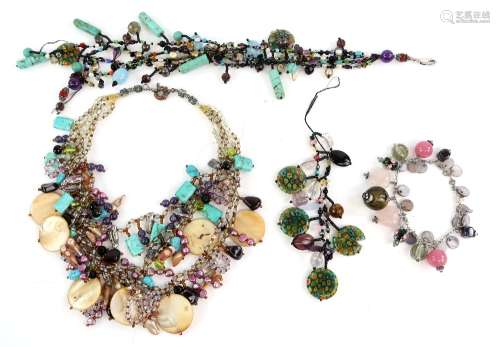 Group of multi bead jewellery with cultured pearl, turquoise, quartz millefiori glass and mother